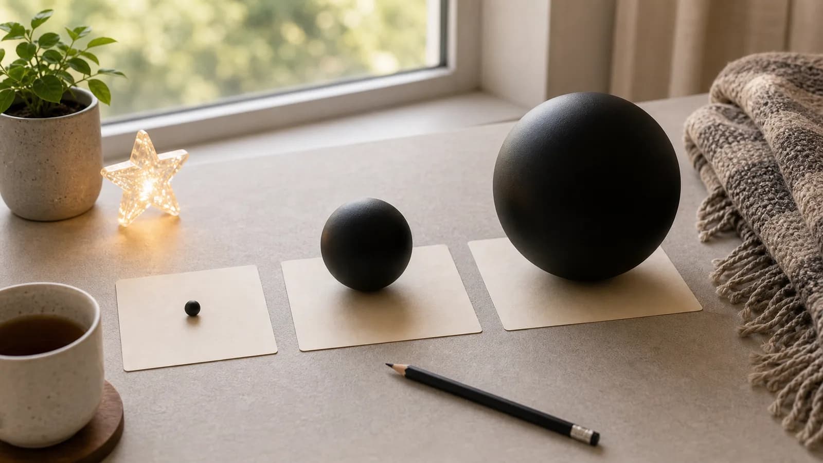 窓辺の机に、大きさの違う三つの黒い球を白いカードの上に並べ、星のライトと鉛筆を添えている。