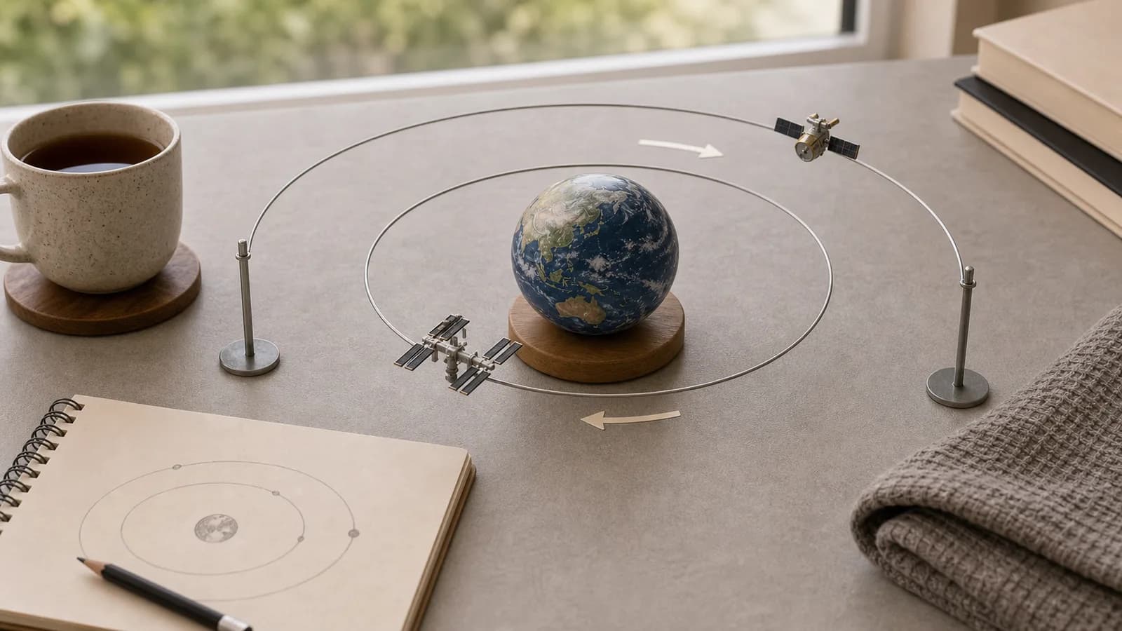 明るい机の上で、地球儀の近くと遠くに二つの衛星模型を置き、紙の矢印と輪で軌道の違いを示している。