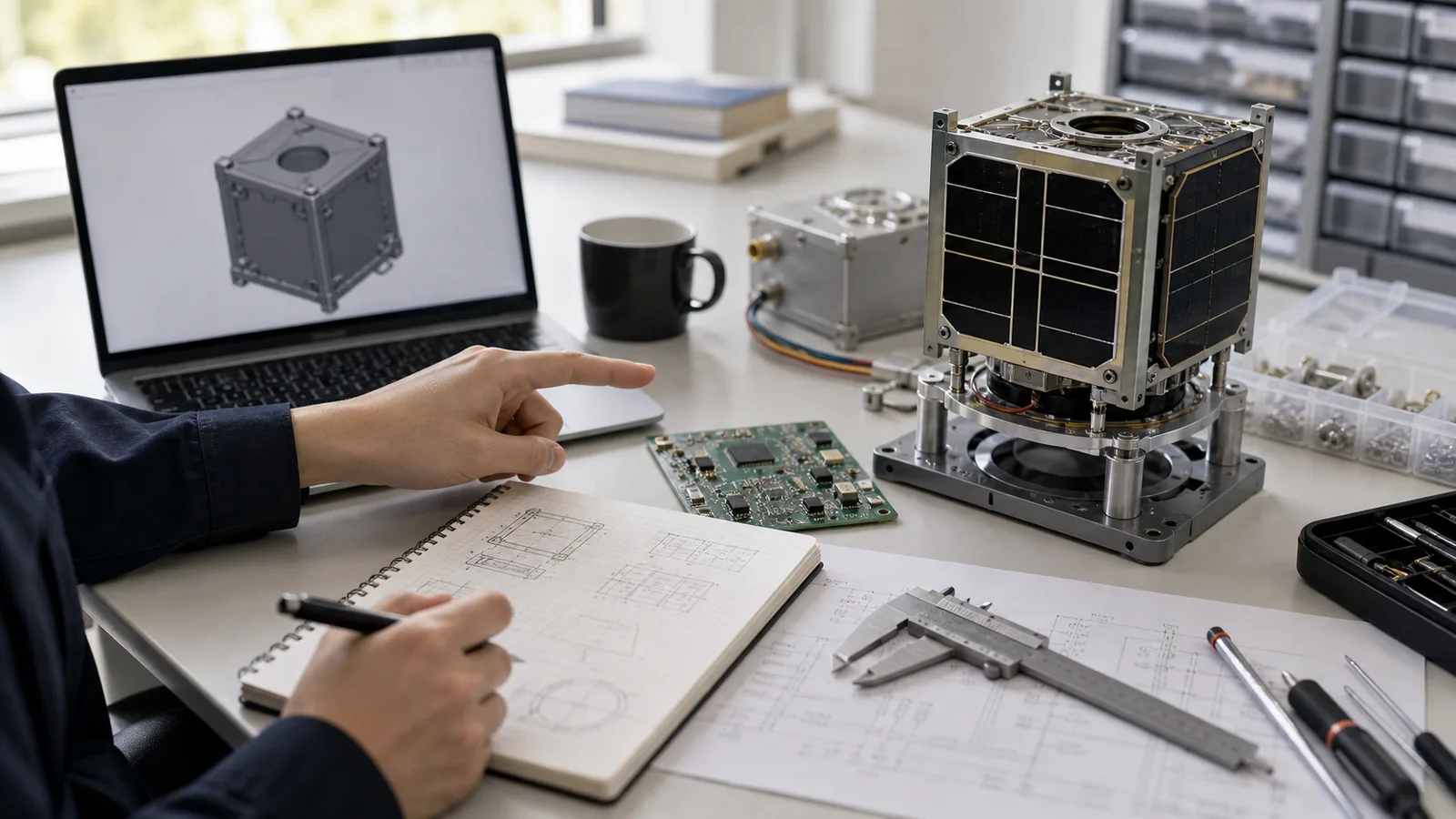 明るい作業机で、小型衛星の部品模型、基板、測定具、ノート、CAD風の画面を見ながら技術職の仕事を検討している。