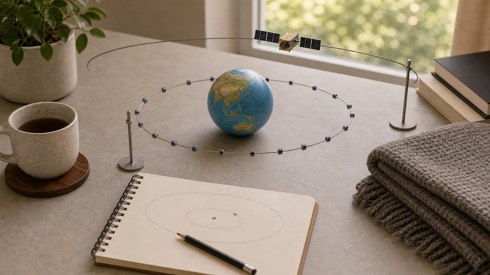 明るい机の上で、地球儀の近くを回る小さな衛星の粒と、遠い輪に置いた大きめの衛星模型を比べている。