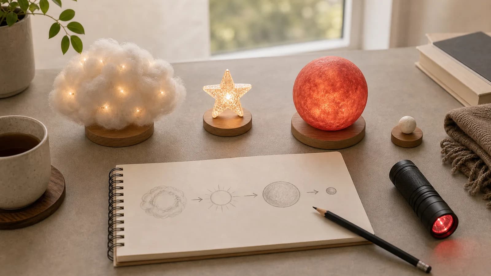 明るい机の上に、光る雲、星の飾り、赤い球、小さな白い粒を順に並べて、星の変化を模型で表している。