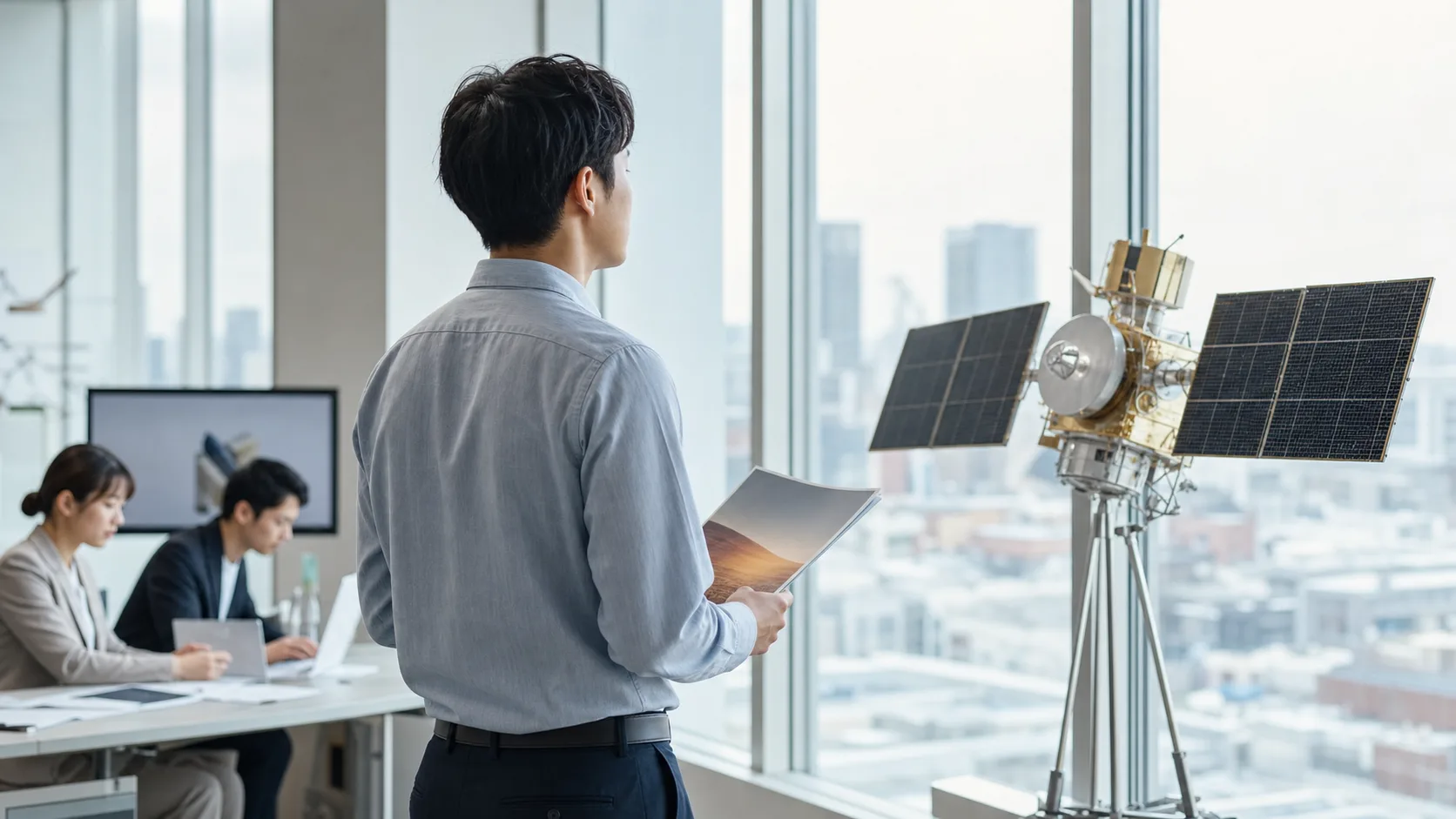 転職を考える人が、オフィスの窓辺で人工衛星の模型を見つめる、新しい一歩を象徴する写真