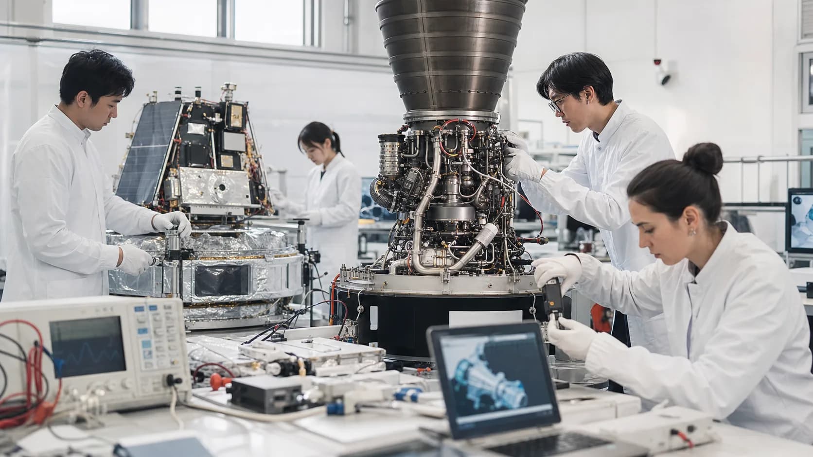クリーンルームでロケットエンジンや人工衛星の機器を組み立て・試験するエンジニアたちの写真
