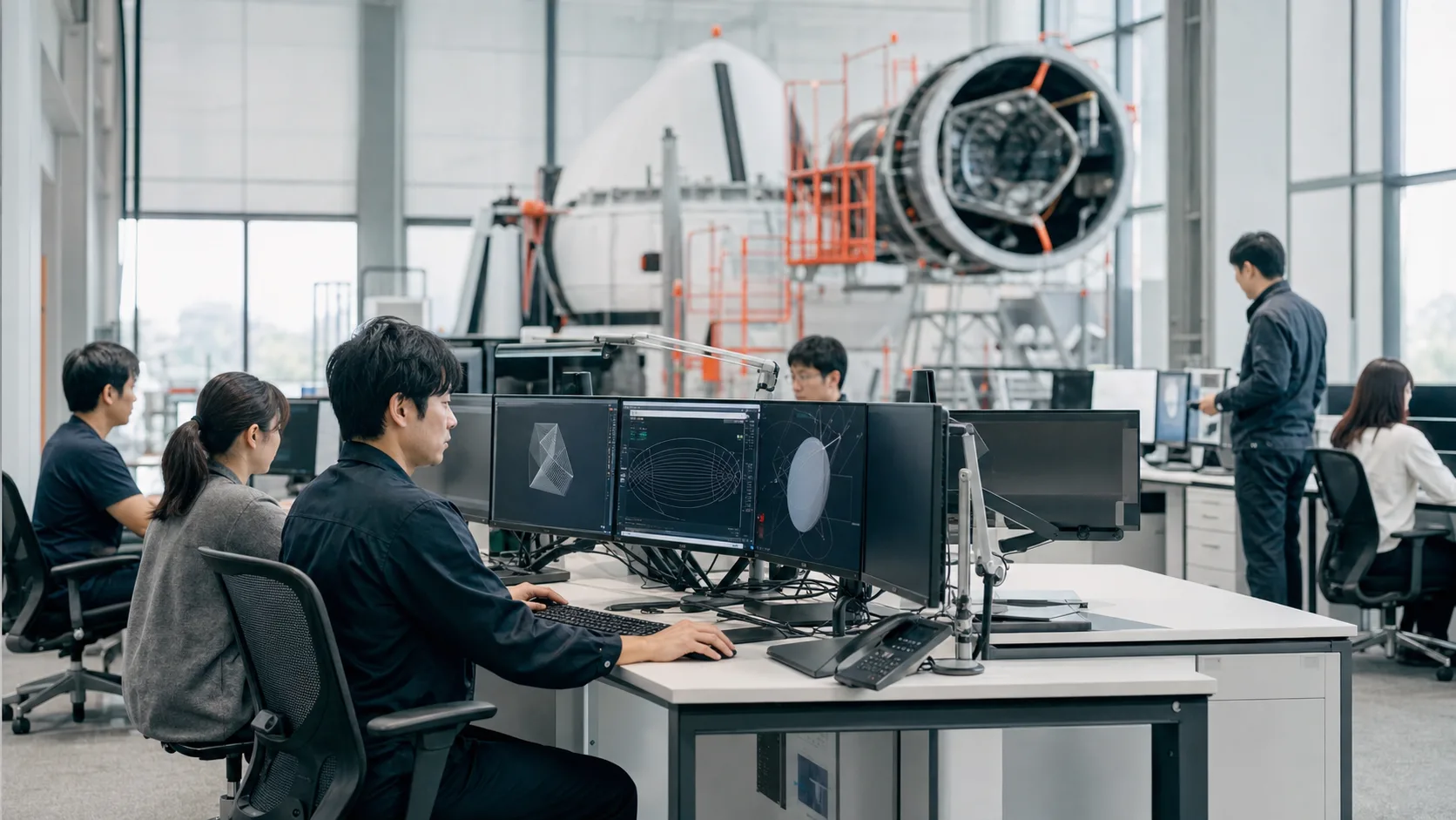 宇宙関連企業のオフィスで、それぞれの持ち場で働く人々の落ち着いた日常を写した写真