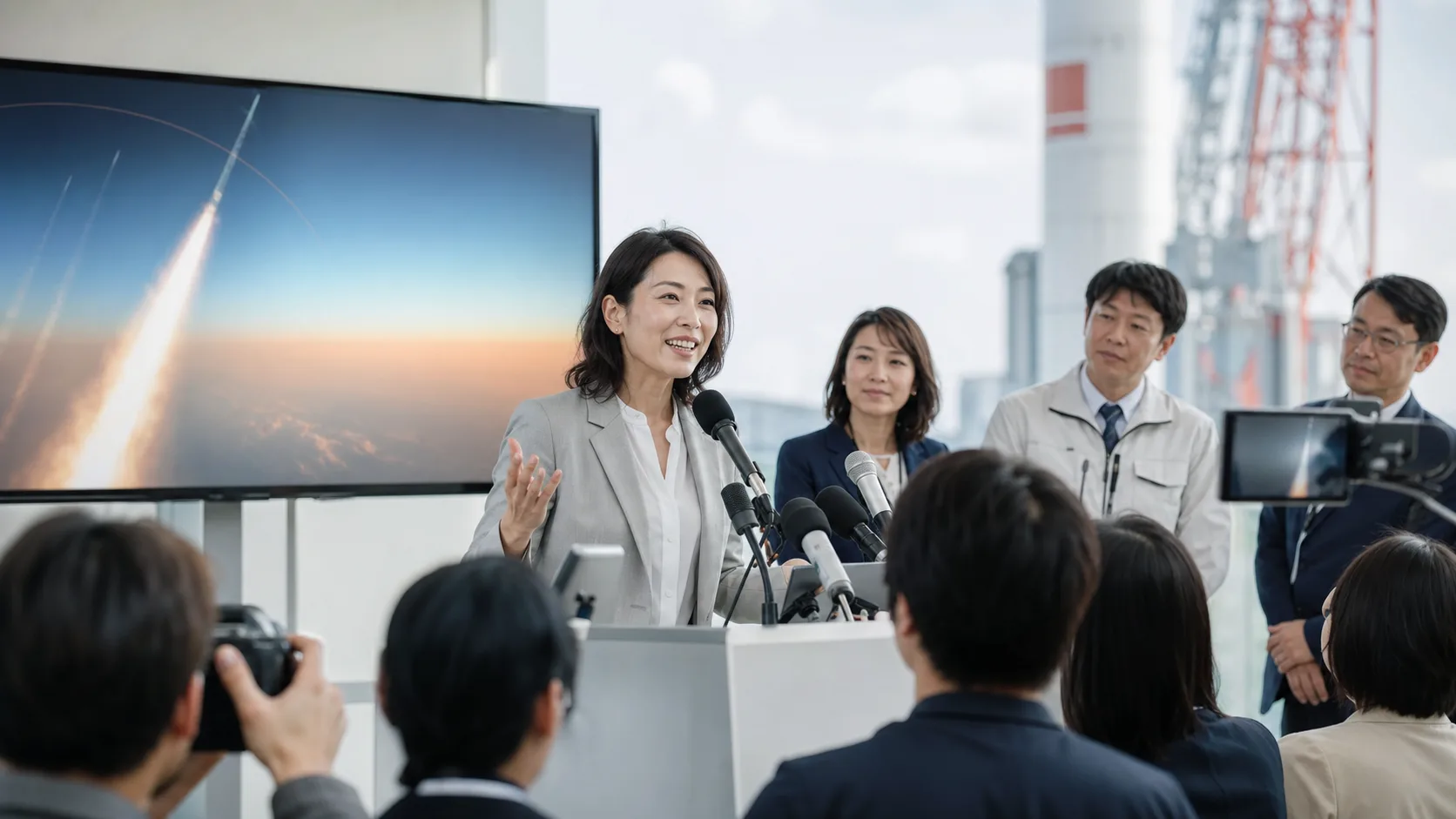 ロケット打ち上げの記者会見やイベントで、カメラとモニターを前に発信する宇宙企業の広報担当者の写真