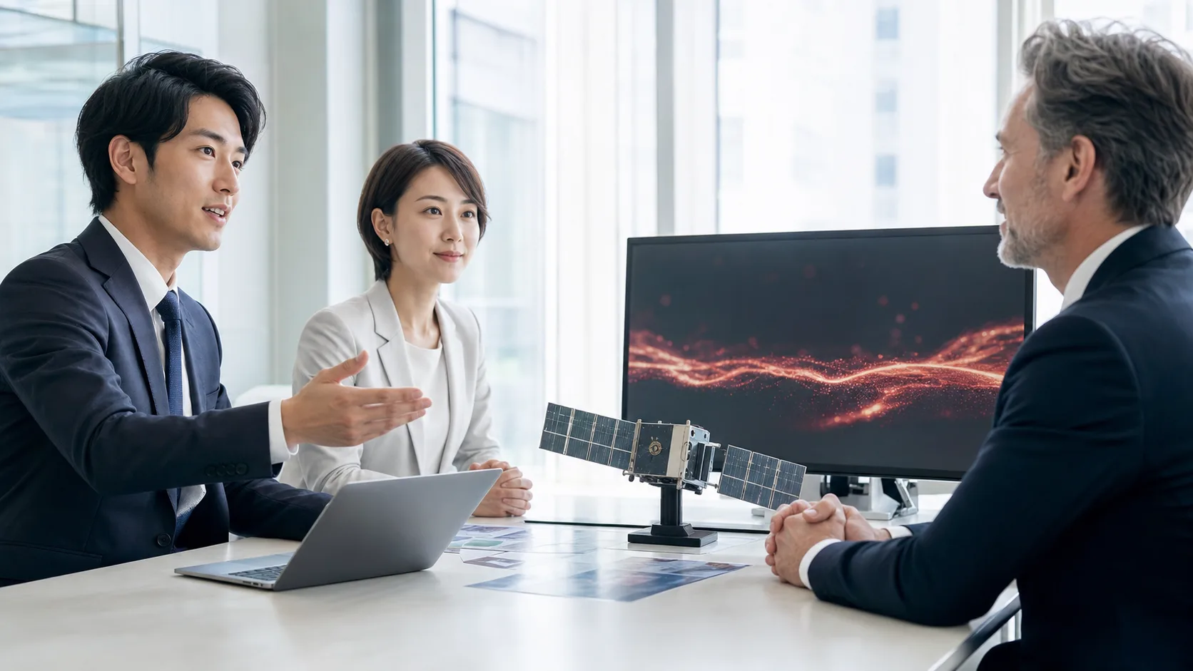 会議室で人工衛星の模型を前に、顧客へ提案する宇宙ビジネスの営業担当者たちの写真