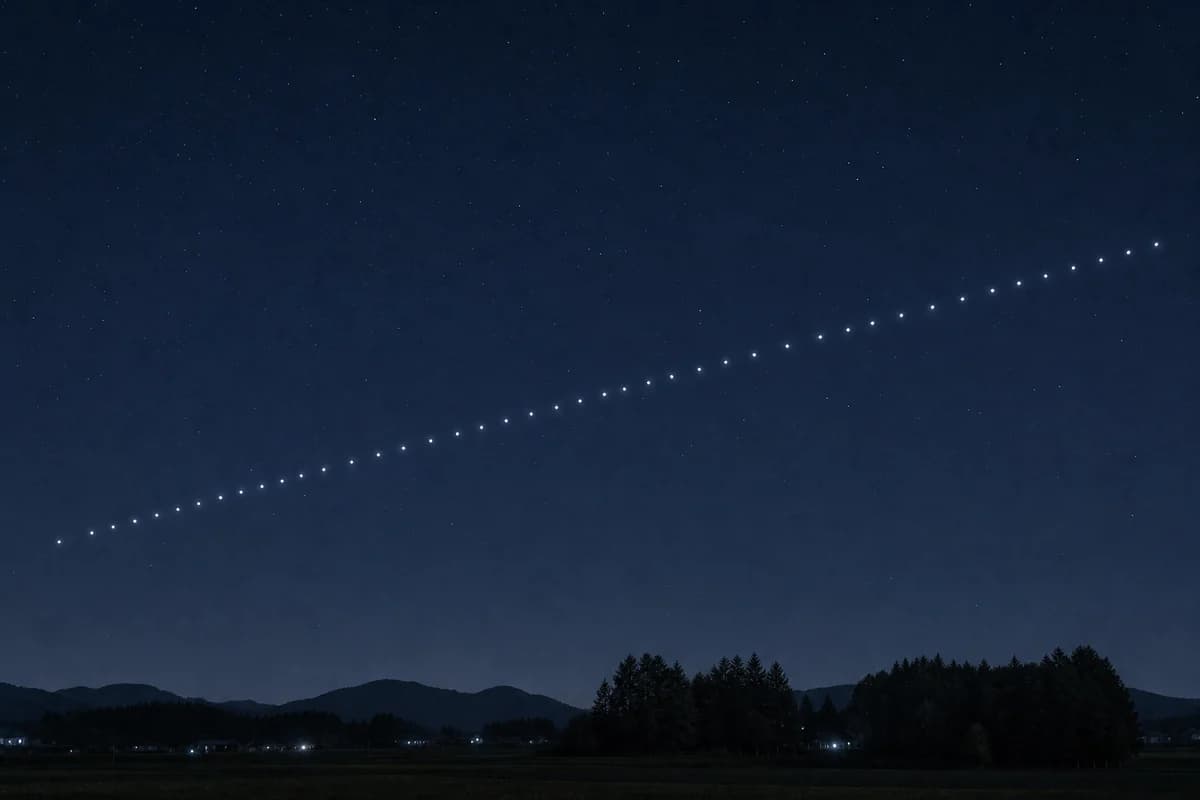 夕暮れの空を、等間隔の光の点が一列に連なって横切るスターリンク衛星。地平線には山並みと木立のシルエットが見える。
